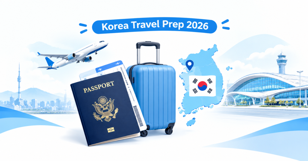 한국 방문 준비를 위한 미국 여권, 비행기와 여행가방 이미지